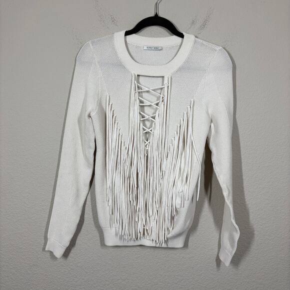 Ronny Kobo Open Stitch Fringe Sweater Cream Lace Up Crew Neck Long Sleeves - Picture 2 of 9